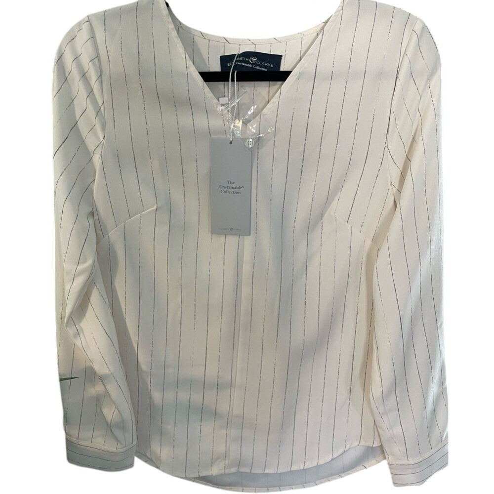 Elizabeth & Clarke Unstainable Blouse Cream Pinstripe V-Neck Long Sleeve Top NEW